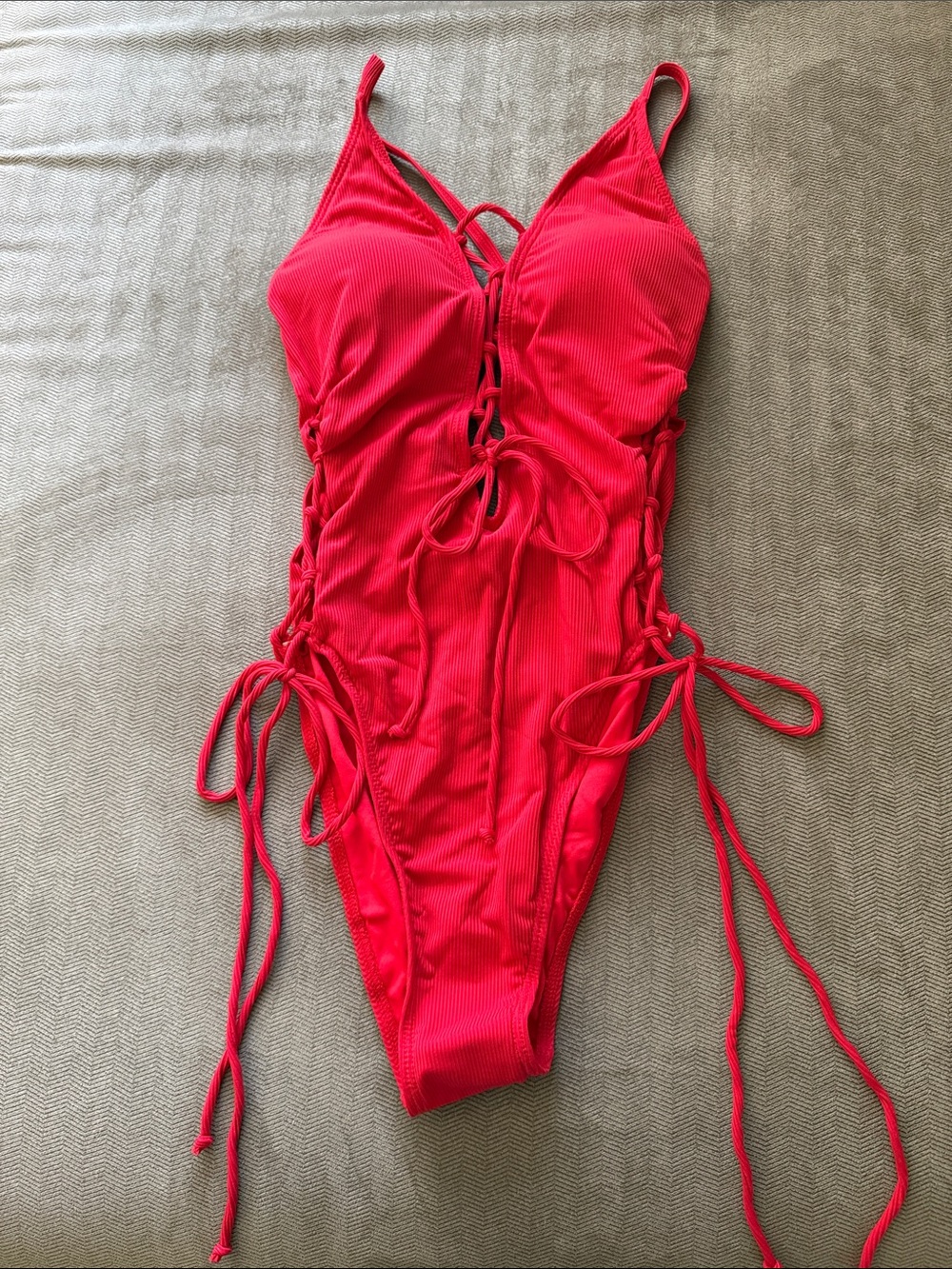 Women's Red Lace-Up One-Piece Swimsuit with Side Ties - NWT!